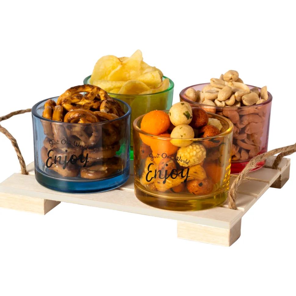 Antipastiera con Base in Legno e 4 Ciotole Colorate