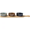 Antipastiera con 3 Ciotole in Ceramica e Base in Bamboo Linea Reactive 43x11 cm