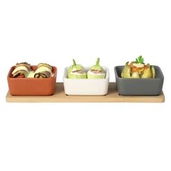 Antipastiera con 3 Ciotole in Ceramica e Base in Bamboo Linea Terranostra 28,5x9,5 cm