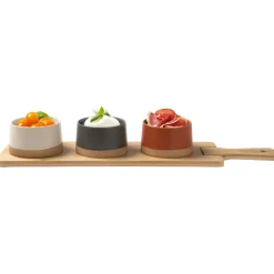 Antipastiera con 3 Ciotole in Ceramica e Base in Bamboo Linea Terranostra 48x12 cm