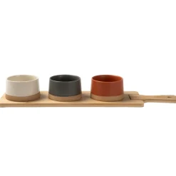 Antipastiera con 3 Ciotole in Ceramica e Base in Bamboo Linea Terranostra 48x12 cm