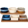 Antipastiera con 3 Ciotole in Ceramica Reactive e Base in Acacia 25x9,5 cm