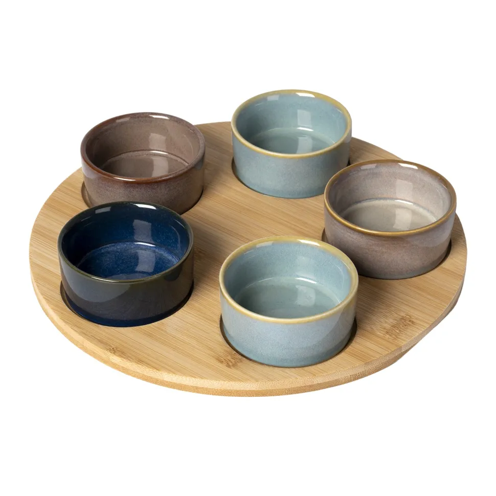 Antipastiera con 5 Ciotole in Ceramica e Base in Bamboo Linea Reactive diametro 24,5 cm