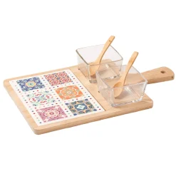 Antipastiera con 2 Ciotole in Vetro e Base in Bamboo Linea Azulejos 38x22,5 cm