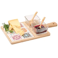 Antipastiera con 2 Ciotole in Vetro e Base in Bamboo Linea Azulejos 38x22,5 cm