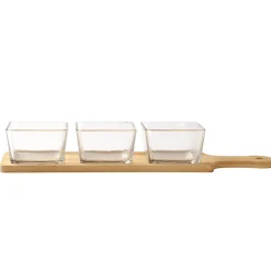 Antipastiera con 3 Ciotole in Vetro e Base in Bamboo Linea Azulejos 40x10 cm