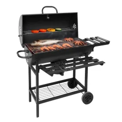 Barbecue a Carbone con Griglie in Acciaio Inox e Coperchio con Ruote e Termometro