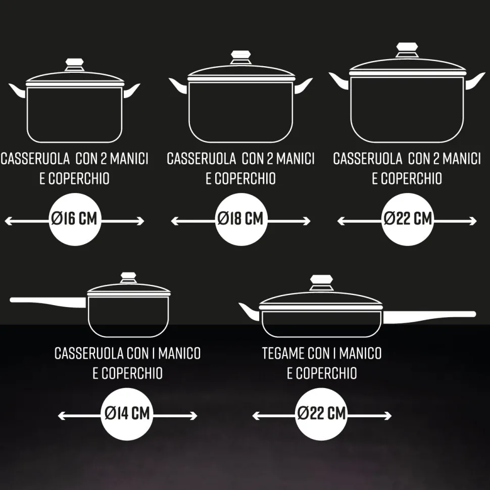 Batteria di pentole in acciaio con coperchi in vetro Linea Prestigiosa