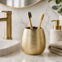 Bicchiere Porta Spazzolini Bagno in Stoneware Oro