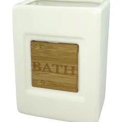 Bicchiere porta spazzolini bianco con bamboo da bagno