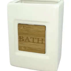 Bicchiere porta spazzolini bianco con bamboo da bagno