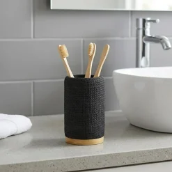 Bicchiere Porta Spazzolini in Poliresina Nero e Bamboo