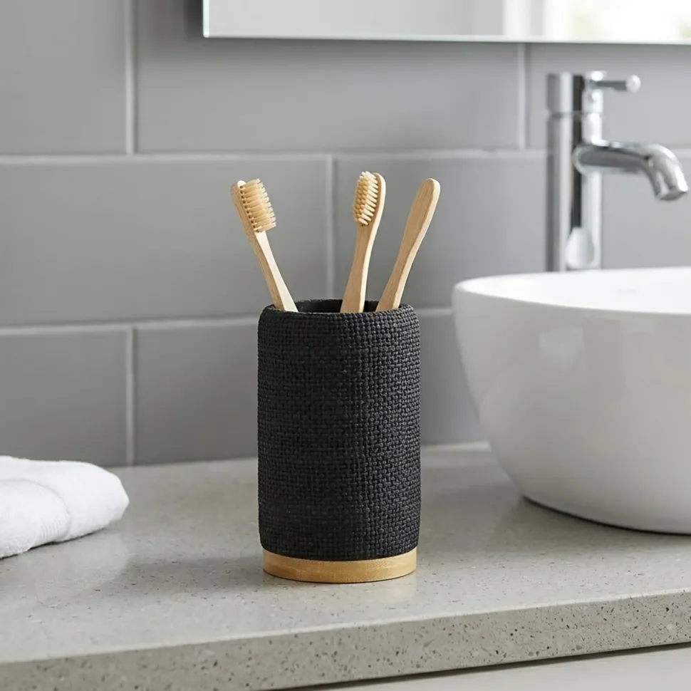 Bicchiere Porta Spazzolini in Poliresina Nero e Bamboo