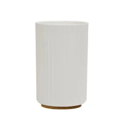 Bicchiere Porta Spazzolini in Polipropilene Bianco Rigato e Bamboo