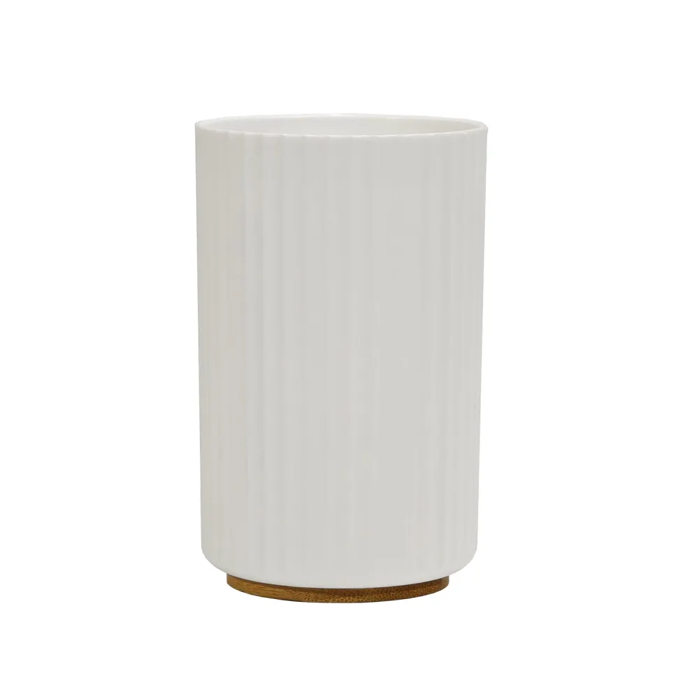 Bicchiere Porta Spazzolini in Polipropilene Bianco Rigato e Bamboo