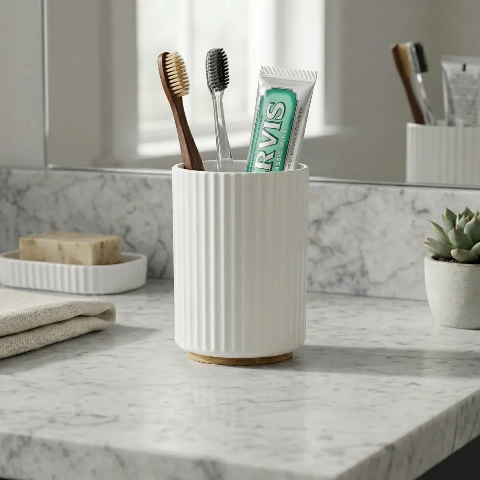 Bicchiere Porta Spazzolini in Polipropilene Bianco Rigato e Bamboo
