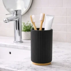 Bicchiere Porta Spazzolini in Polipropilene Nero Rigato e Bamboo