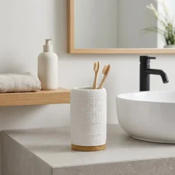 Bicchiere Porta Spazzolini in Poliresina Bianco e Bamboo
