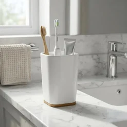 Bicchiere Porta Spazzolini in Polistirene Bianco e Bamboo