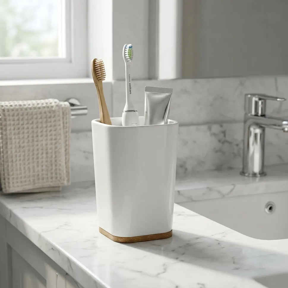Bicchiere Porta Spazzolini in Polistirene Bianco e Bamboo