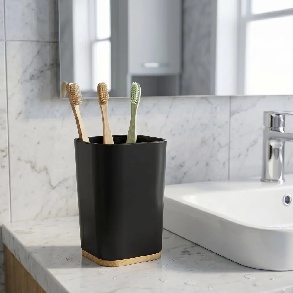 Bicchiere Porta Spazzolini in Polistirene Nero e Bamboo