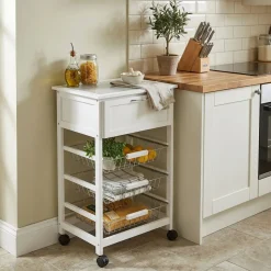 Carrello da Cucina Bianco con Cassetto e 3 Cestelli Estraibili