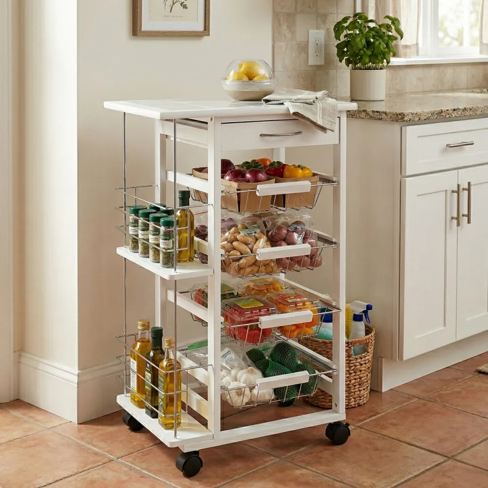 Carrello da Cucina Wood Cart White con Cassetto e Cestelli