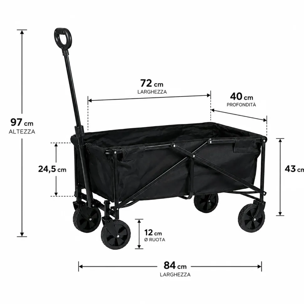 Carrello Pieghevole Utility Nero Capacità max 50 kg