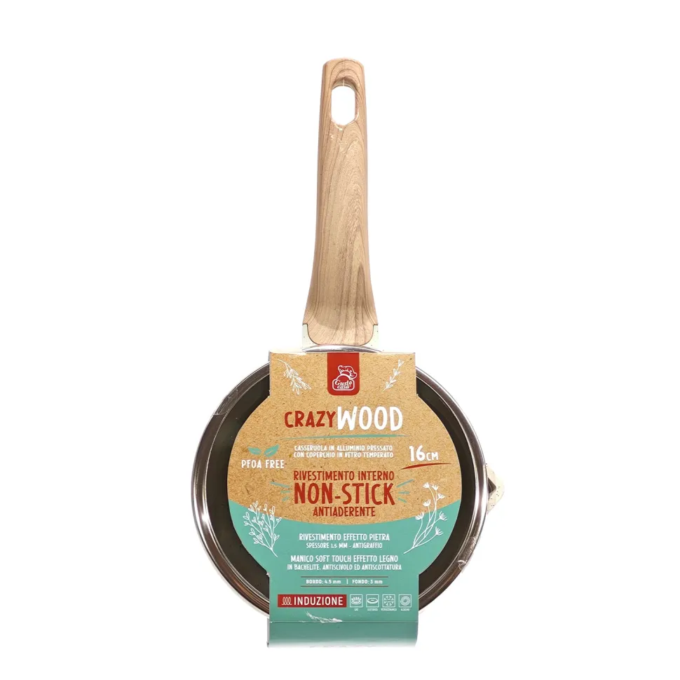 Casseruola Antiaderente in alluminio pressato con Coperchio in Vetro Crazy Wood diametro 16 cm