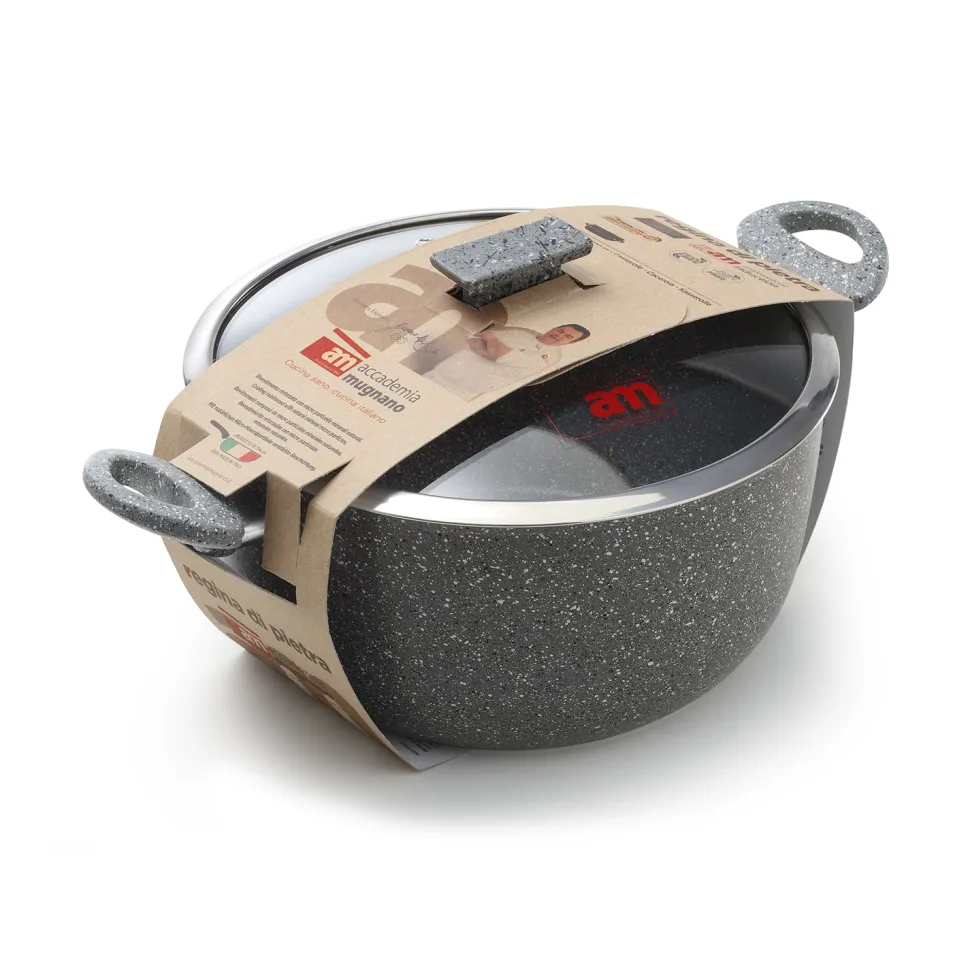 Casseruola antiaderente 2 manici con coperchio in vetro Regina di pietra Induction diametro 20 cm