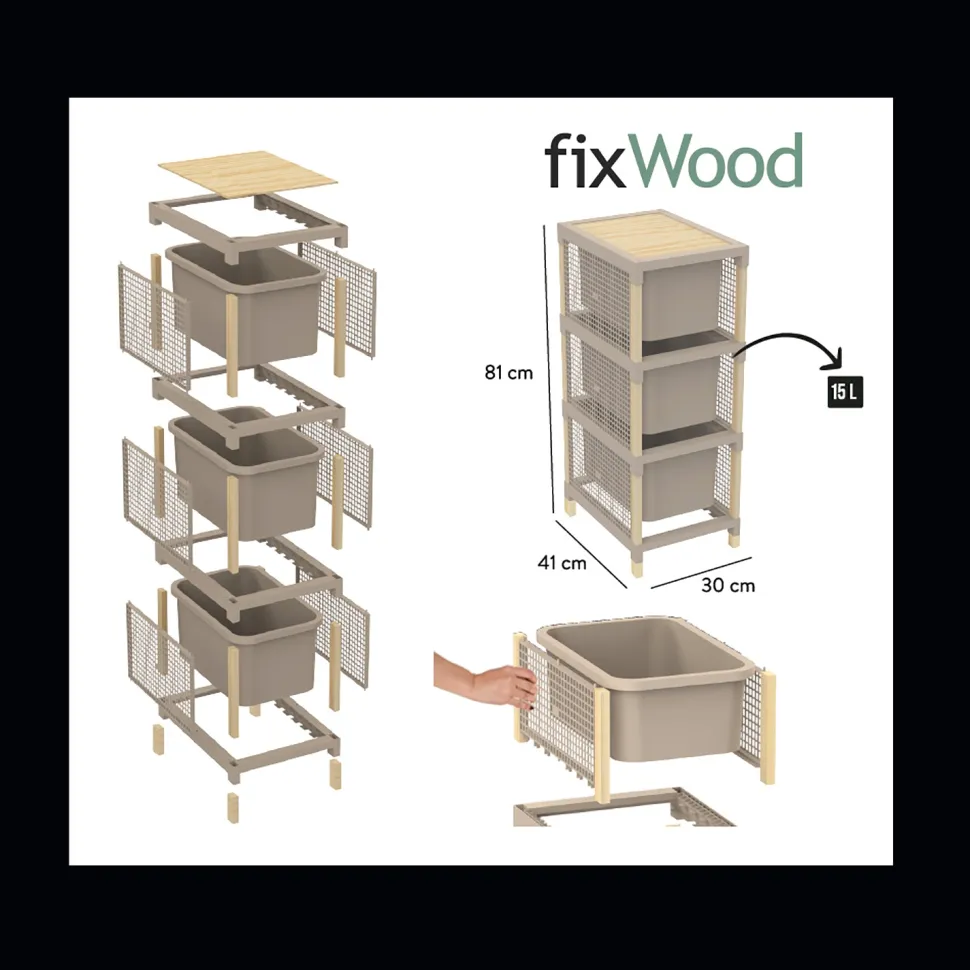 Cassettiera Multiuso 3 cassetti FixWood h82x30x41 cm