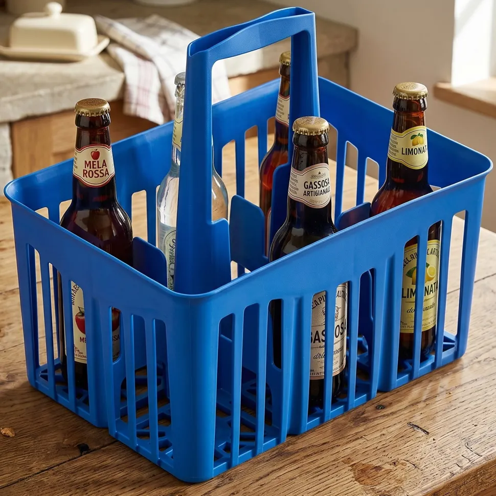 Cestello Portabottiglie 6 Posti Blu con Manico