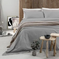 Completo Letto Matrimoniale in Cotone Tinta Unita Grigio Chiaro 4 Pezzi