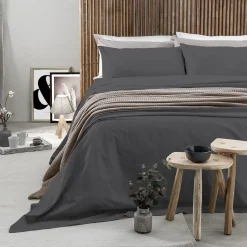 Completo Letto Matrimoniale in Cotone Tinta Unita Grigio Scuro 4 Pezzi