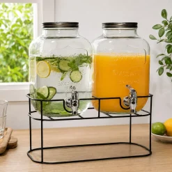 Dispenser Bevande Doppio in Vetro con Stand 5 + 5 Litri