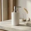 Dispenser Sapone in Polipropilene Bianco Rigato e Bamboo