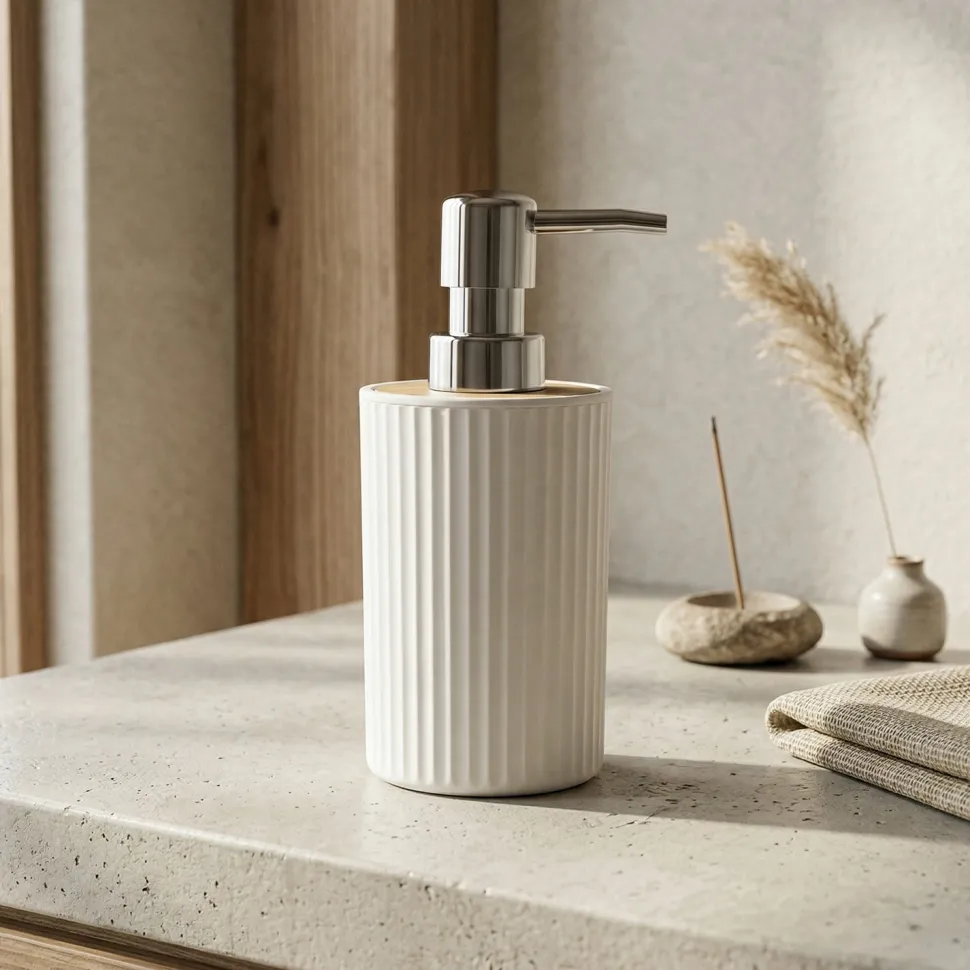 Dispenser Sapone in Polipropilene Bianco Rigato e Bamboo