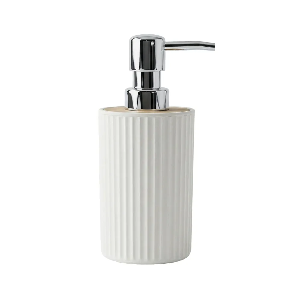 Dispenser Sapone in Polipropilene Bianco Rigato e Bamboo