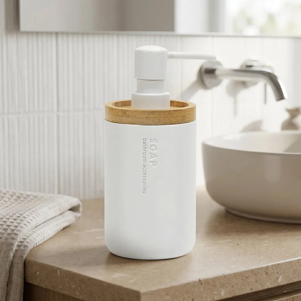 Dispenser Sapone in Poliresina Bianco e Bamboo 280 ml