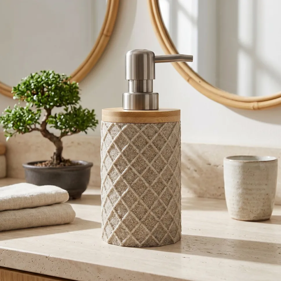 Dispenser Sapone in Poliresina in Poliresina Beige e Bamboo 220 ml