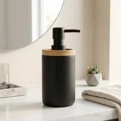 Dispenser Sapone in Poliresina Nero e Bamboo 280 ml