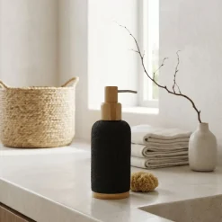 Dispenser Sapone in Poliresina Nero e Bamboo 280 ml
