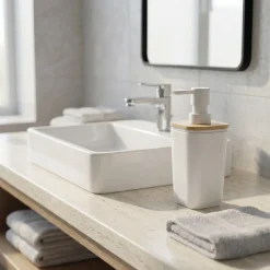Dispenser Sapone in Polistirene Bianco e Bamboo 350 ml