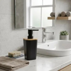 Dispenser Sapone in Polistirene Nero e Bamboo 350 ml