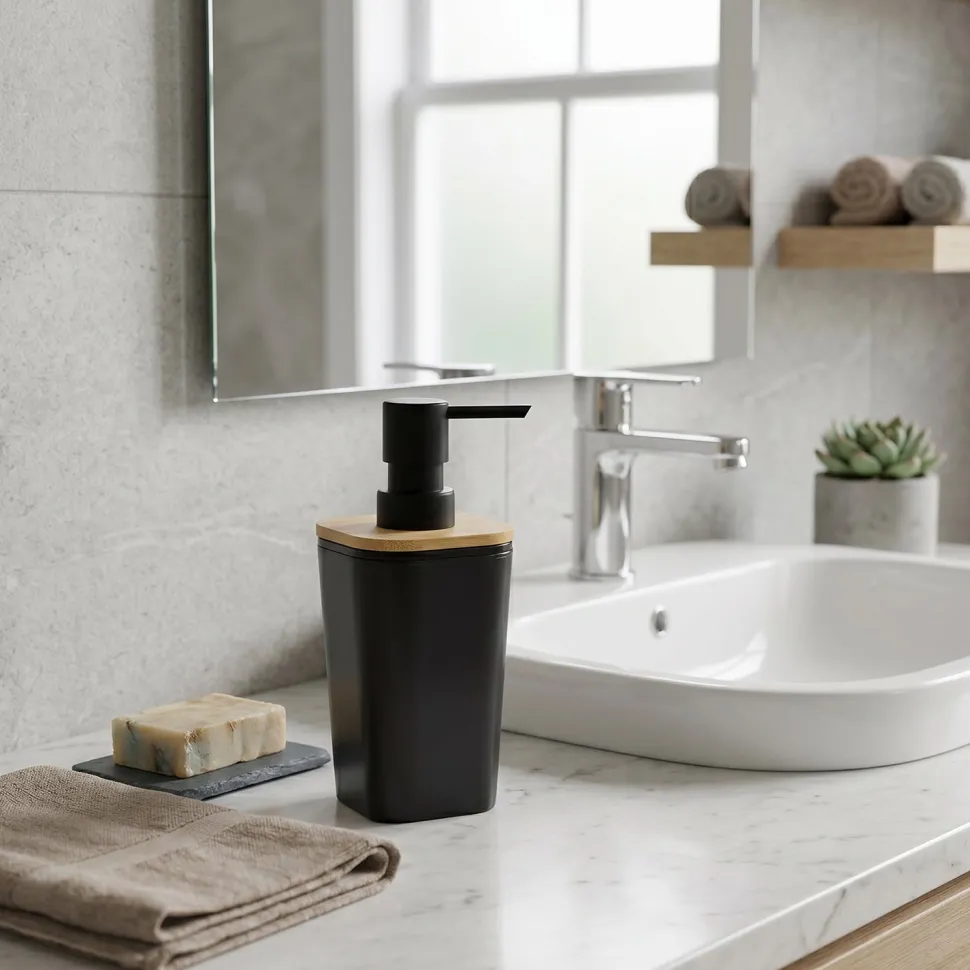 Dispenser Sapone in Polistirene Nero e Bamboo 350 ml