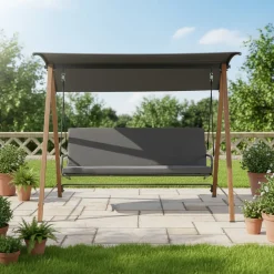 Dondolo da giardino struttura in Acciaio Effetto Legno e seduta in textilene grigio