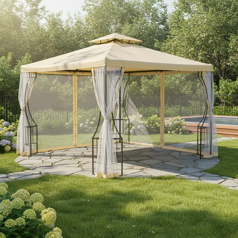 Gazebo da giardino in Acciaio Antracite con Telo in Poliestere Écru e Zanzariera 3x3 metri