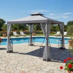 Gazebo da giardino in Acciaio Antracite con Telo in Poliestere Grigio e Zanzariera 3x3 metri