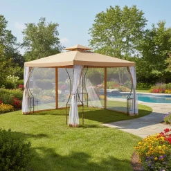Gazebo da giardino in Acciaio Bronzato con Telo in Poliestere Camel e Zanzariera 3x3 metri