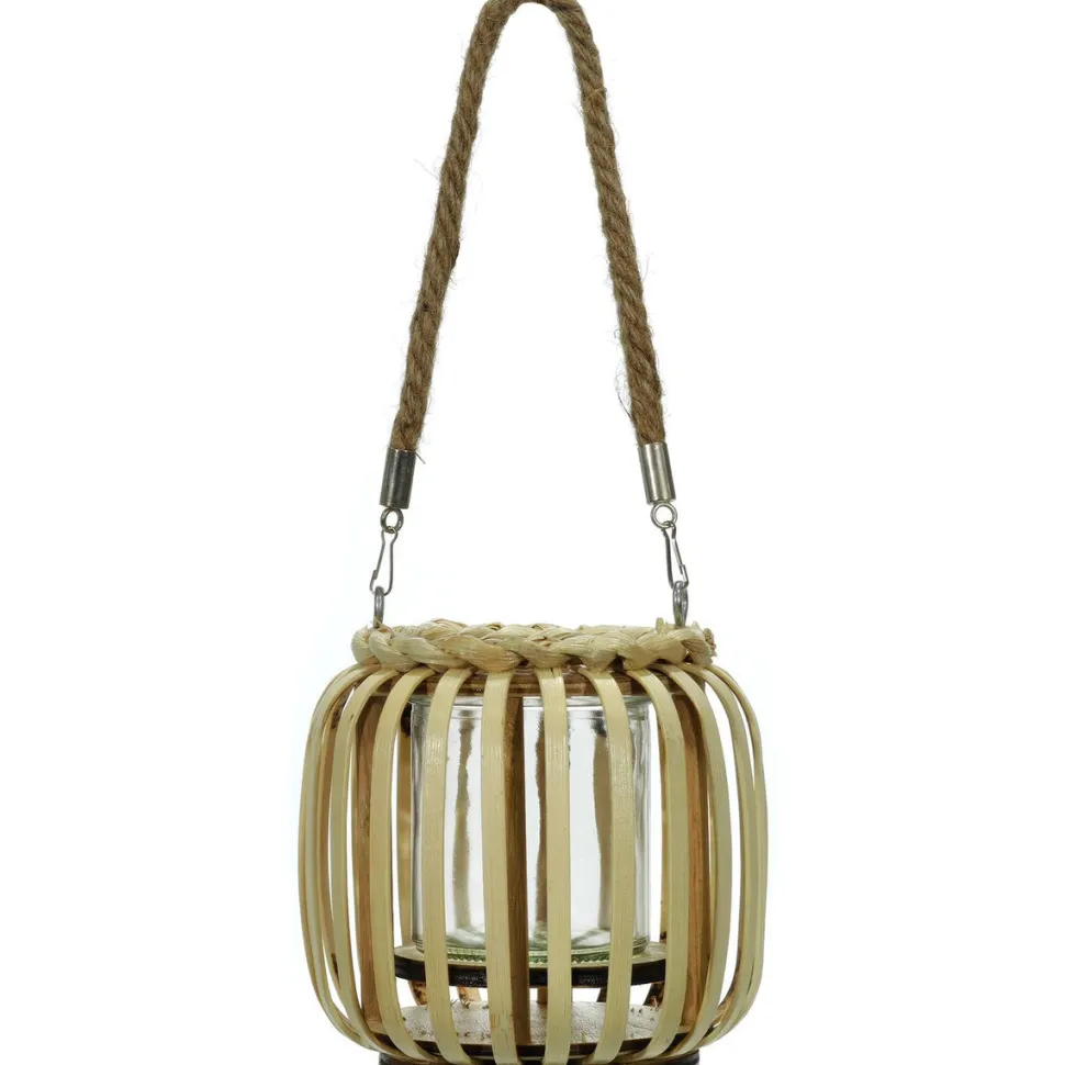 Lanterna portacandela con cestino in bamboo Naturale h14x14 cm